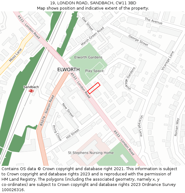 19, LONDON ROAD, SANDBACH, CW11 3BD: Location map and indicative extent of plot