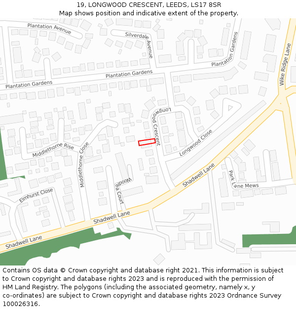 19, LONGWOOD CRESCENT, LEEDS, LS17 8SR: Location map and indicative extent of plot