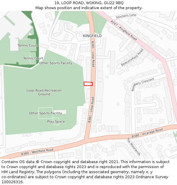 19, LOOP ROAD, WOKING, GU22 9BQ: Location map and indicative extent of plot