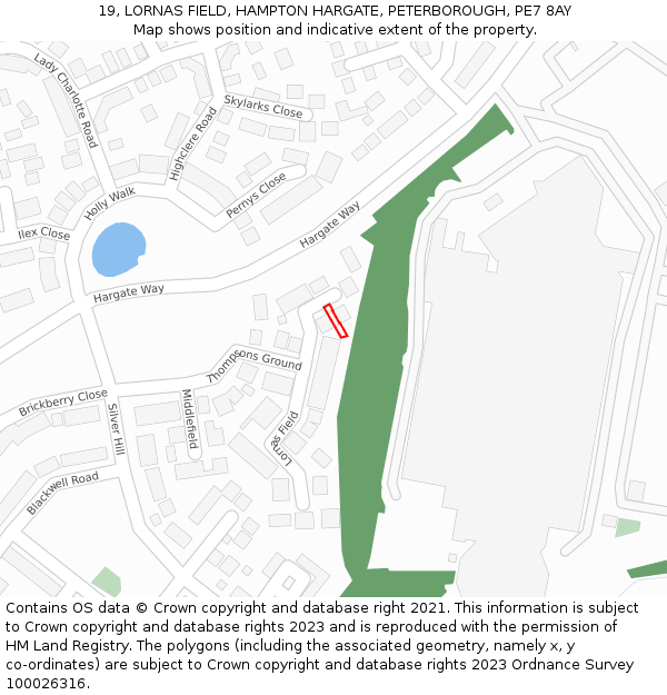 19, LORNAS FIELD, HAMPTON HARGATE, PETERBOROUGH, PE7 8AY: Location map and indicative extent of plot