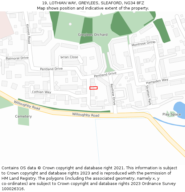 19, LOTHIAN WAY, GREYLEES, SLEAFORD, NG34 8FZ: Location map and indicative extent of plot