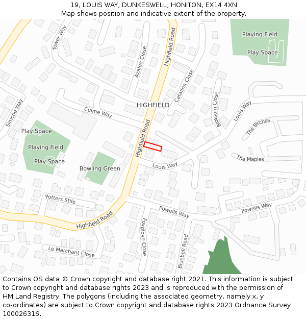 19, LOUIS WAY, DUNKESWELL, HONITON, EX14 4XN: Location map and indicative extent of plot