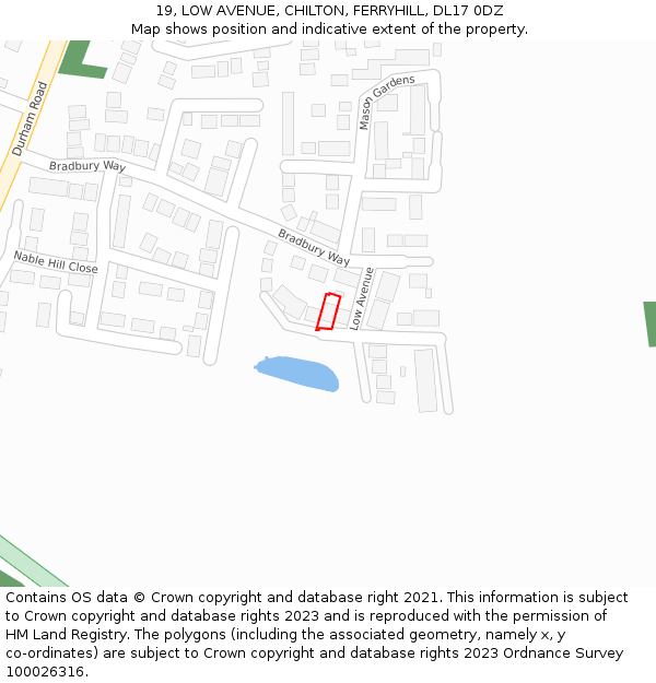 19, LOW AVENUE, CHILTON, FERRYHILL, DL17 0DZ: Location map and indicative extent of plot