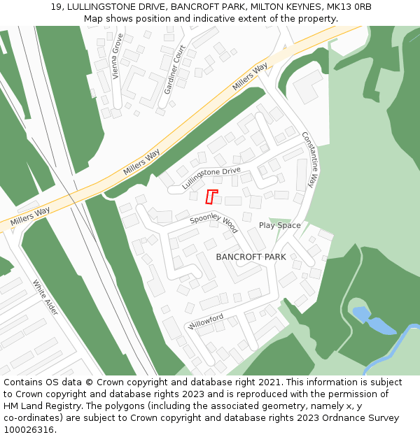 19, LULLINGSTONE DRIVE, BANCROFT PARK, MILTON KEYNES, MK13 0RB: Location map and indicative extent of plot