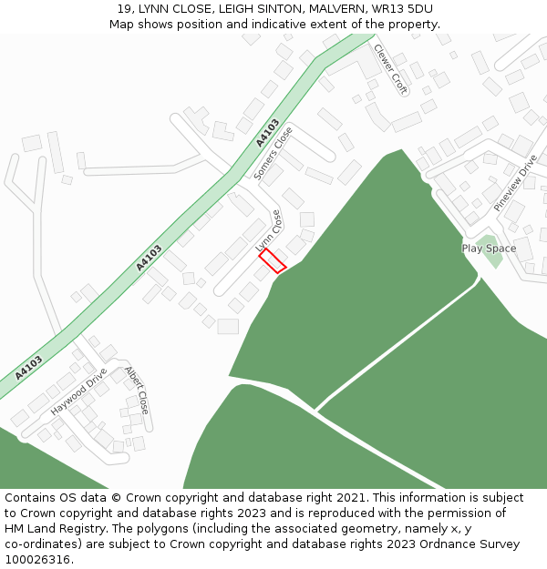 19, LYNN CLOSE, LEIGH SINTON, MALVERN, WR13 5DU: Location map and indicative extent of plot