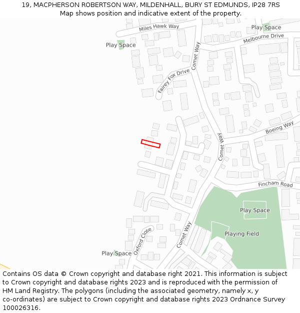 19, MACPHERSON ROBERTSON WAY, MILDENHALL, BURY ST EDMUNDS, IP28 7RS: Location map and indicative extent of plot