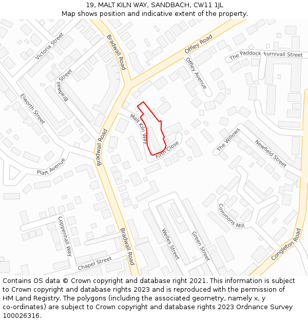 19, MALT KILN WAY, SANDBACH, CW11 1JL: Location map and indicative extent of plot