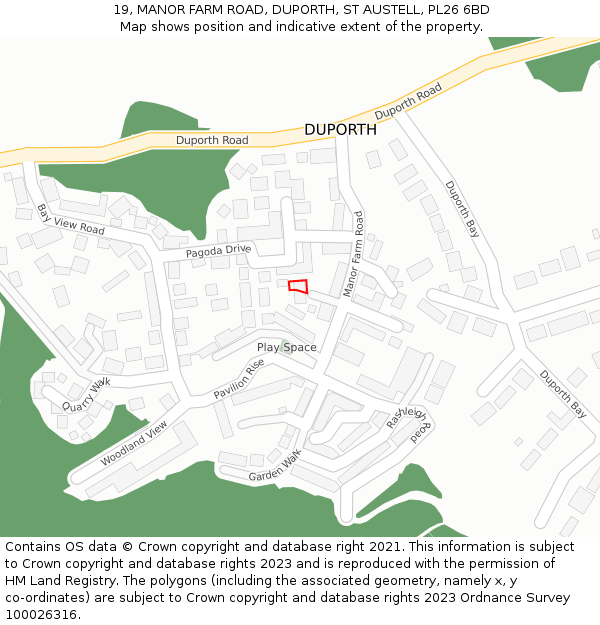 19, MANOR FARM ROAD, DUPORTH, ST AUSTELL, PL26 6BD: Location map and indicative extent of plot