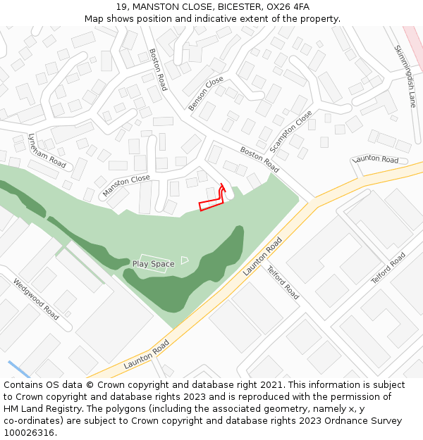 19, MANSTON CLOSE, BICESTER, OX26 4FA: Location map and indicative extent of plot