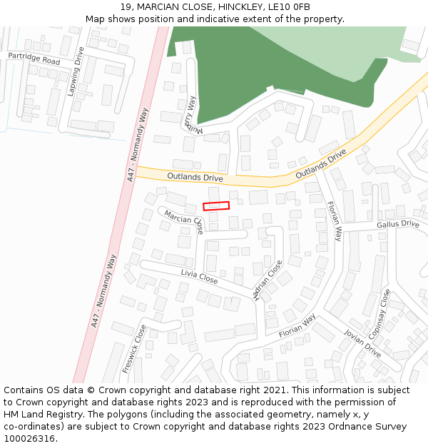19, MARCIAN CLOSE, HINCKLEY, LE10 0FB: Location map and indicative extent of plot