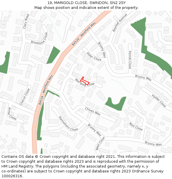 19, MARIGOLD CLOSE, SWINDON, SN2 2SY: Location map and indicative extent of plot