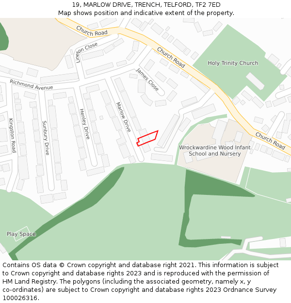 19, MARLOW DRIVE, TRENCH, TELFORD, TF2 7ED: Location map and indicative extent of plot