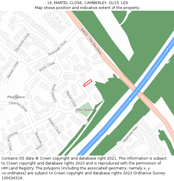 19, MARTEL CLOSE, CAMBERLEY, GU15 1QS: Location map and indicative extent of plot