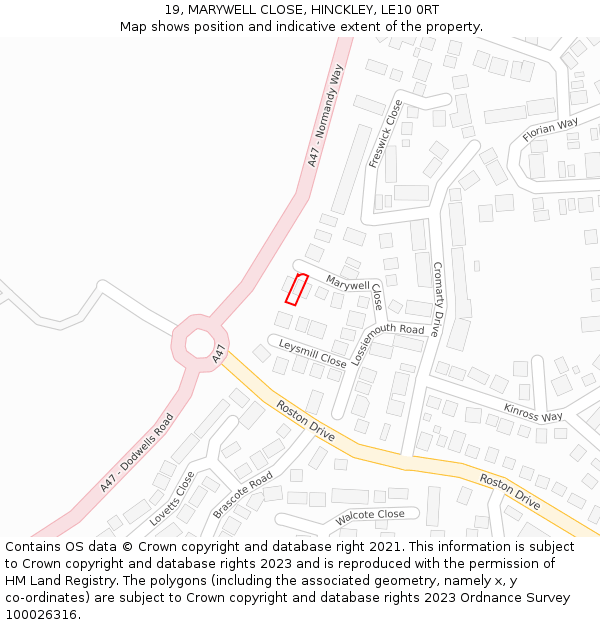 19, MARYWELL CLOSE, HINCKLEY, LE10 0RT: Location map and indicative extent of plot