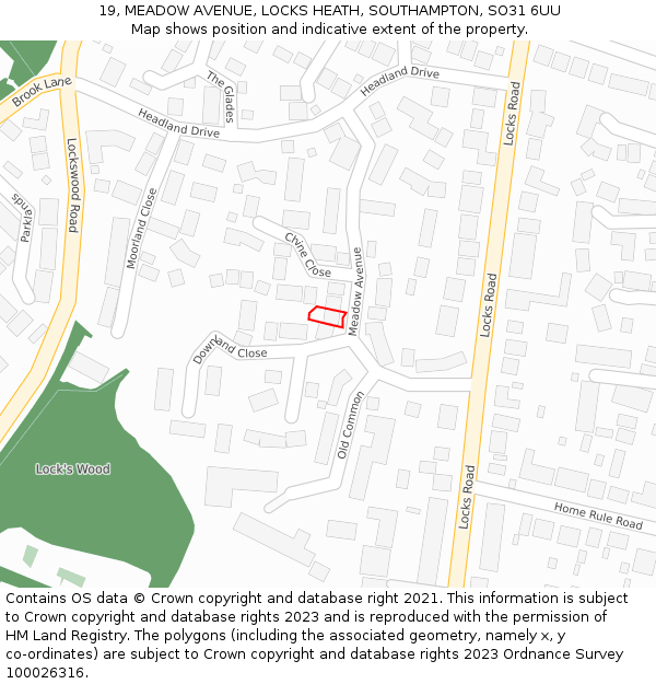 19, MEADOW AVENUE, LOCKS HEATH, SOUTHAMPTON, SO31 6UU: Location map and indicative extent of plot