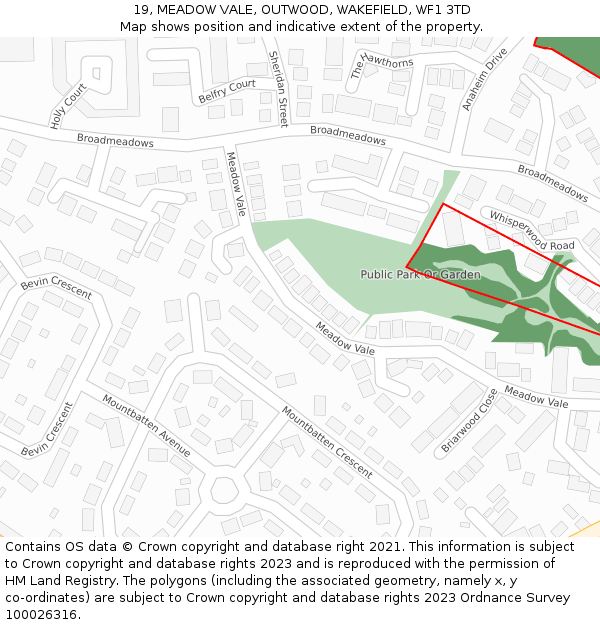 19, MEADOW VALE, OUTWOOD, WAKEFIELD, WF1 3TD: Location map and indicative extent of plot