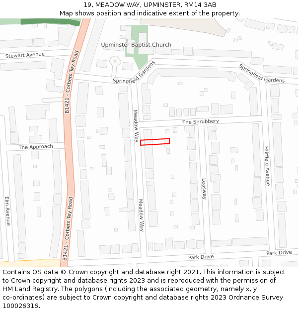19, MEADOW WAY, UPMINSTER, RM14 3AB: Location map and indicative extent of plot