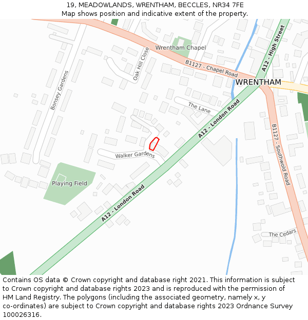19, MEADOWLANDS, WRENTHAM, BECCLES, NR34 7FE: Location map and indicative extent of plot