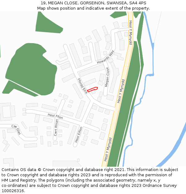 19, MEGAN CLOSE, GORSEINON, SWANSEA, SA4 4PS: Location map and indicative extent of plot
