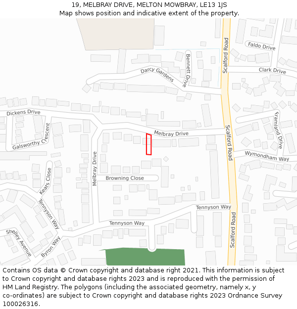 19, MELBRAY DRIVE, MELTON MOWBRAY, LE13 1JS: Location map and indicative extent of plot