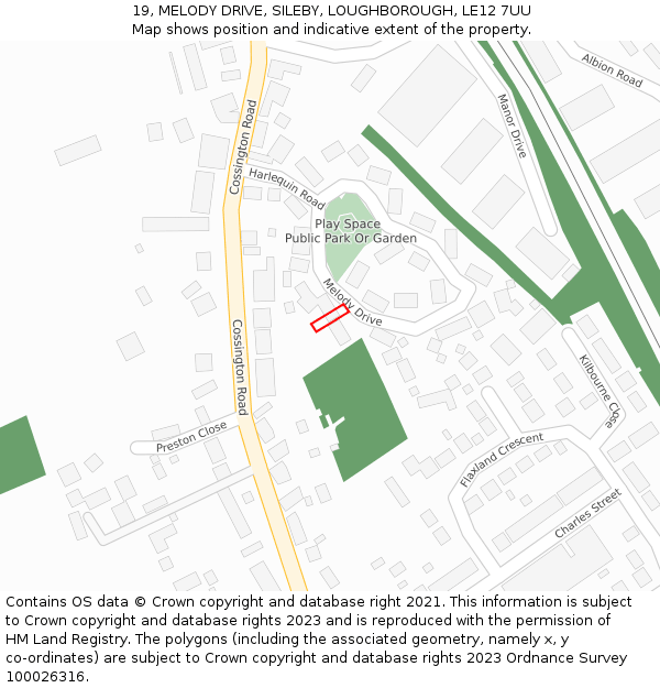 19, MELODY DRIVE, SILEBY, LOUGHBOROUGH, LE12 7UU: Location map and indicative extent of plot