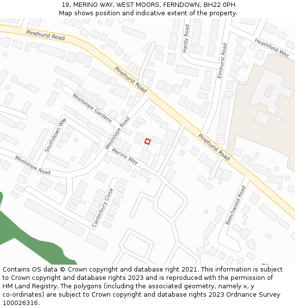 19, MERINO WAY, WEST MOORS, FERNDOWN, BH22 0PH: Location map and indicative extent of plot