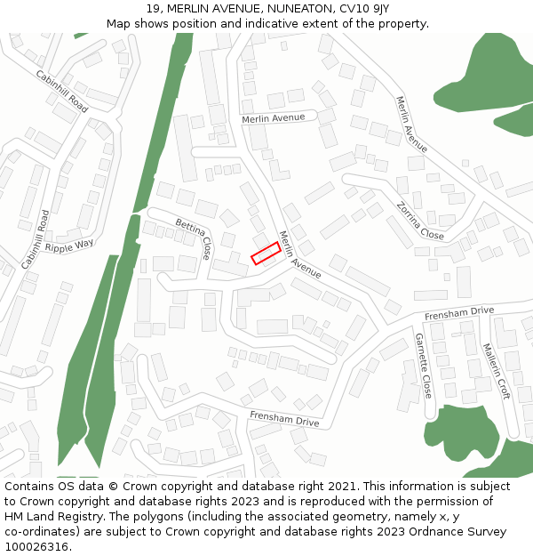 19, MERLIN AVENUE, NUNEATON, CV10 9JY: Location map and indicative extent of plot