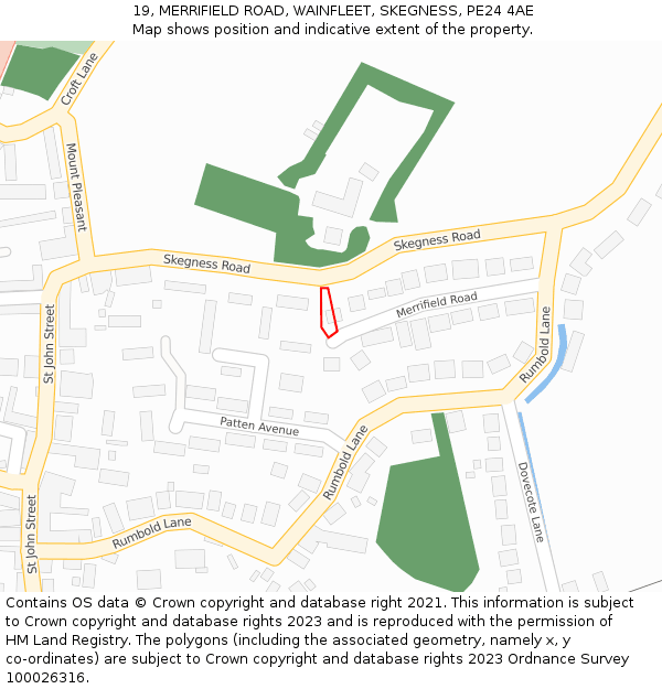 19, MERRIFIELD ROAD, WAINFLEET, SKEGNESS, PE24 4AE: Location map and indicative extent of plot