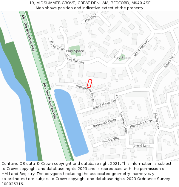 19, MIDSUMMER GROVE, GREAT DENHAM, BEDFORD, MK40 4SE: Location map and indicative extent of plot