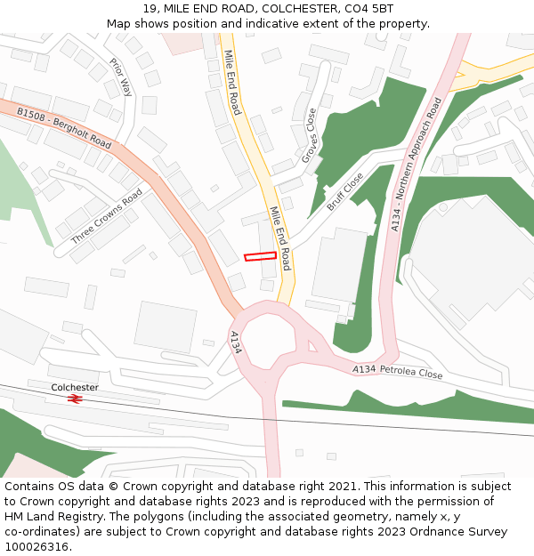 19, MILE END ROAD, COLCHESTER, CO4 5BT: Location map and indicative extent of plot