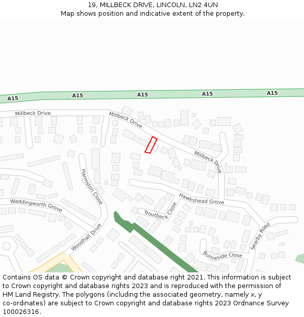 19, MILLBECK DRIVE, LINCOLN, LN2 4UN: Location map and indicative extent of plot