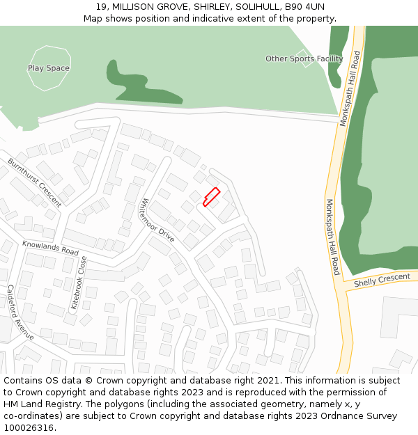 19, MILLISON GROVE, SHIRLEY, SOLIHULL, B90 4UN: Location map and indicative extent of plot