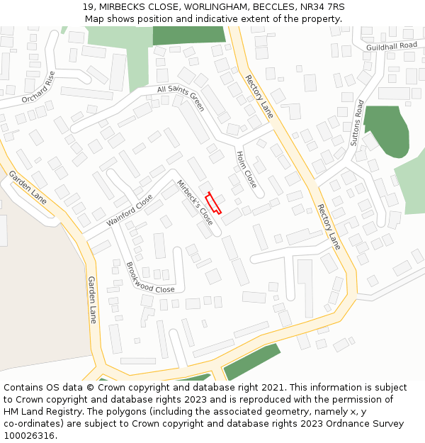 19, MIRBECKS CLOSE, WORLINGHAM, BECCLES, NR34 7RS: Location map and indicative extent of plot