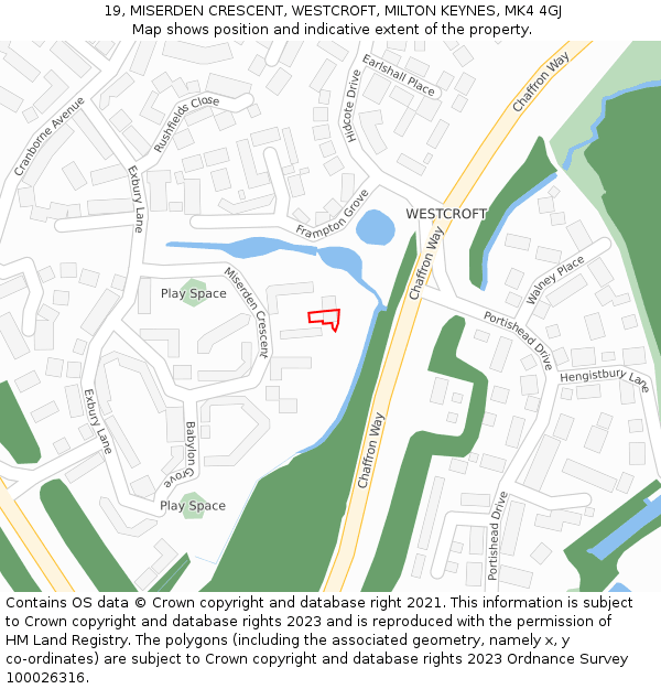 19, MISERDEN CRESCENT, WESTCROFT, MILTON KEYNES, MK4 4GJ: Location map and indicative extent of plot