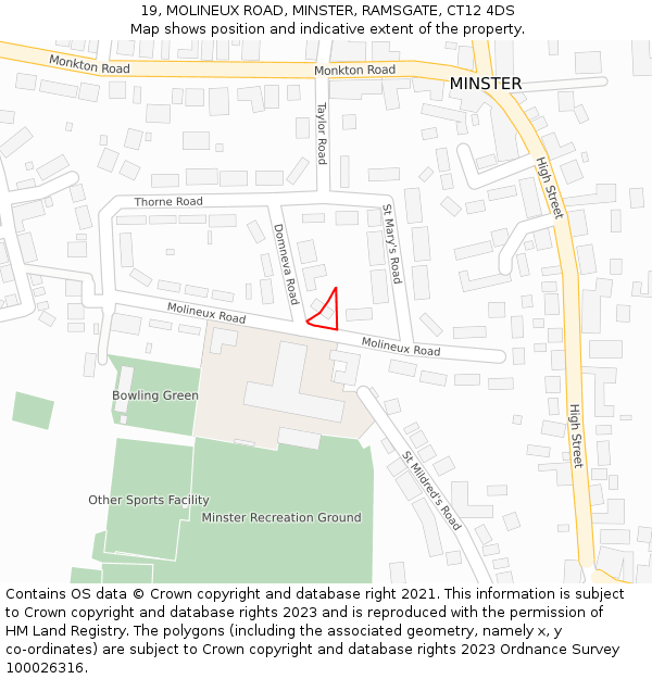 19, MOLINEUX ROAD, MINSTER, RAMSGATE, CT12 4DS: Location map and indicative extent of plot