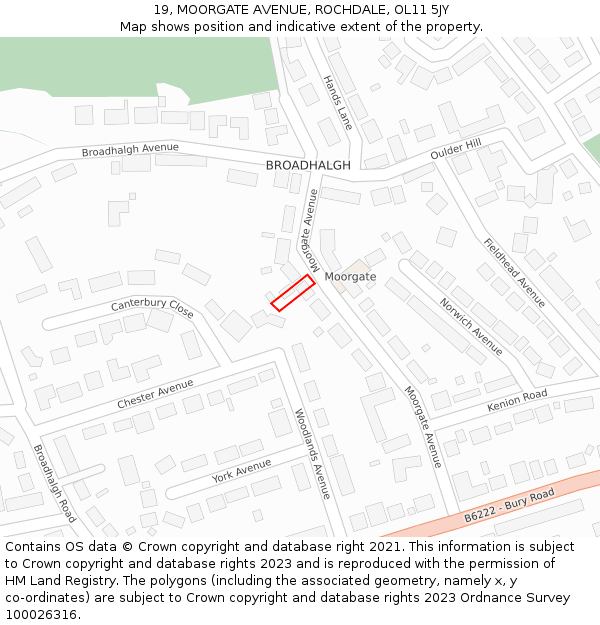 19, MOORGATE AVENUE, ROCHDALE, OL11 5JY: Location map and indicative extent of plot