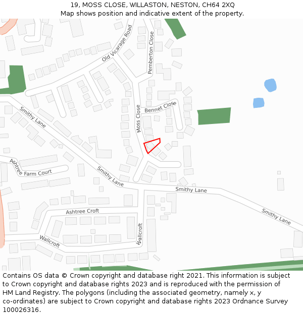 19, MOSS CLOSE, WILLASTON, NESTON, CH64 2XQ: Location map and indicative extent of plot