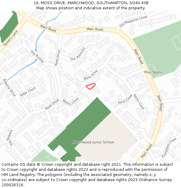 19, MOSS DRIVE, MARCHWOOD, SOUTHAMPTON, SO40 4YB: Location map and indicative extent of plot