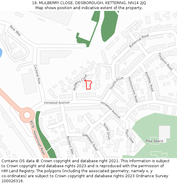 19, MULBERRY CLOSE, DESBOROUGH, KETTERING, NN14 2JQ: Location map and indicative extent of plot