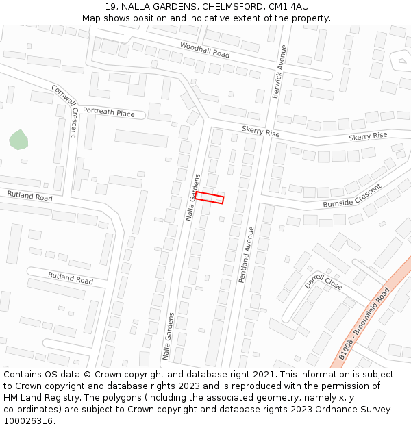 19, NALLA GARDENS, CHELMSFORD, CM1 4AU: Location map and indicative extent of plot