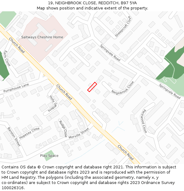 19, NEIGHBROOK CLOSE, REDDITCH, B97 5YA: Location map and indicative extent of plot