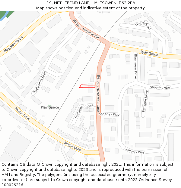 19, NETHEREND LANE, HALESOWEN, B63 2PA: Location map and indicative extent of plot