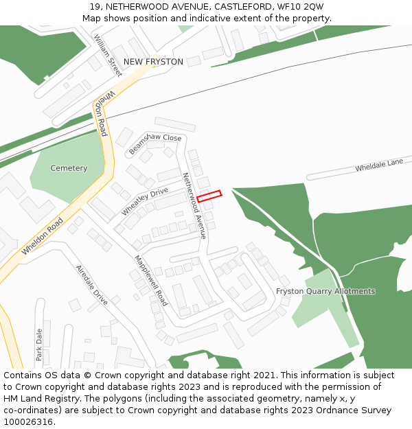 19, NETHERWOOD AVENUE, CASTLEFORD, WF10 2QW: Location map and indicative extent of plot