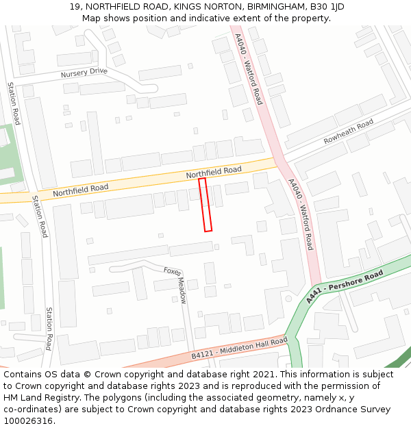 19, NORTHFIELD ROAD, KINGS NORTON, BIRMINGHAM, B30 1JD: Location map and indicative extent of plot