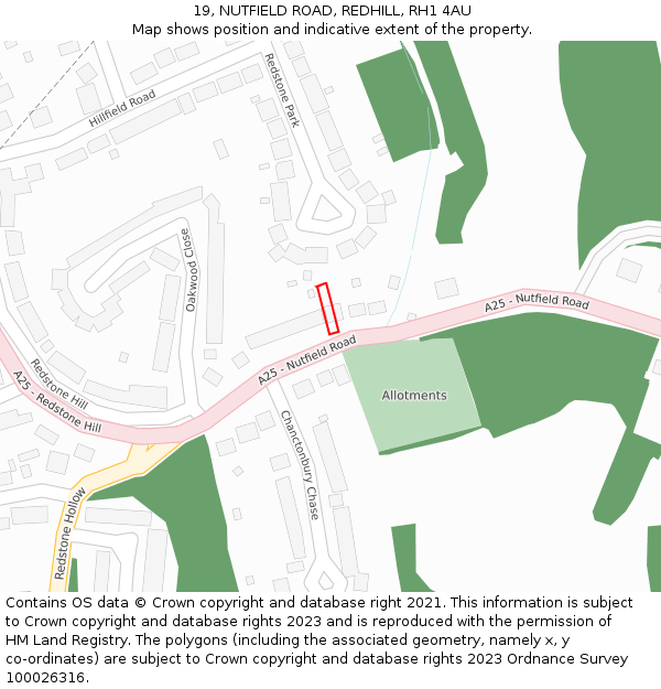 19, NUTFIELD ROAD, REDHILL, RH1 4AU: Location map and indicative extent of plot