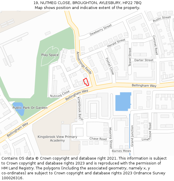 19, NUTMEG CLOSE, BROUGHTON, AYLESBURY, HP22 7BQ: Location map and indicative extent of plot