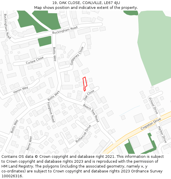 19, OAK CLOSE, COALVILLE, LE67 4JU: Location map and indicative extent of plot