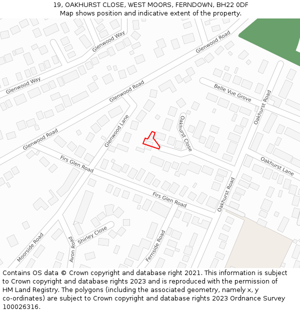 19, OAKHURST CLOSE, WEST MOORS, FERNDOWN, BH22 0DF: Location map and indicative extent of plot