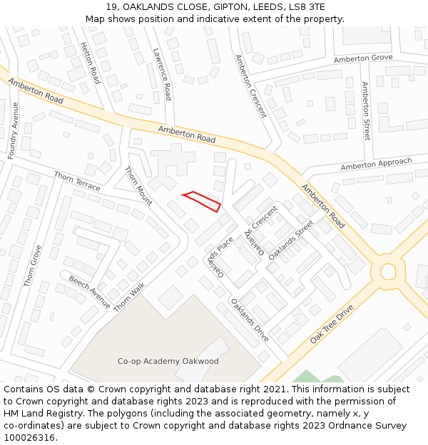 19, OAKLANDS CLOSE, GIPTON, LEEDS, LS8 3TE: Location map and indicative extent of plot