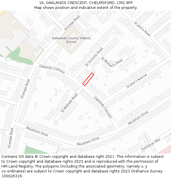 19, OAKLANDS CRESCENT, CHELMSFORD, CM2 9PP: Location map and indicative extent of plot